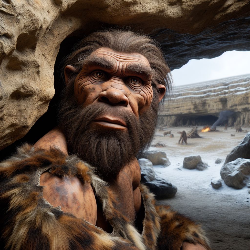 hombre de neandertal:  - Un hombre de Neandertal de constitucin robusta, con rasgos faciales caractersticos como cejas prominentes y nariz ancha, refugiado en una cueva rocosa para protegerse del fro.