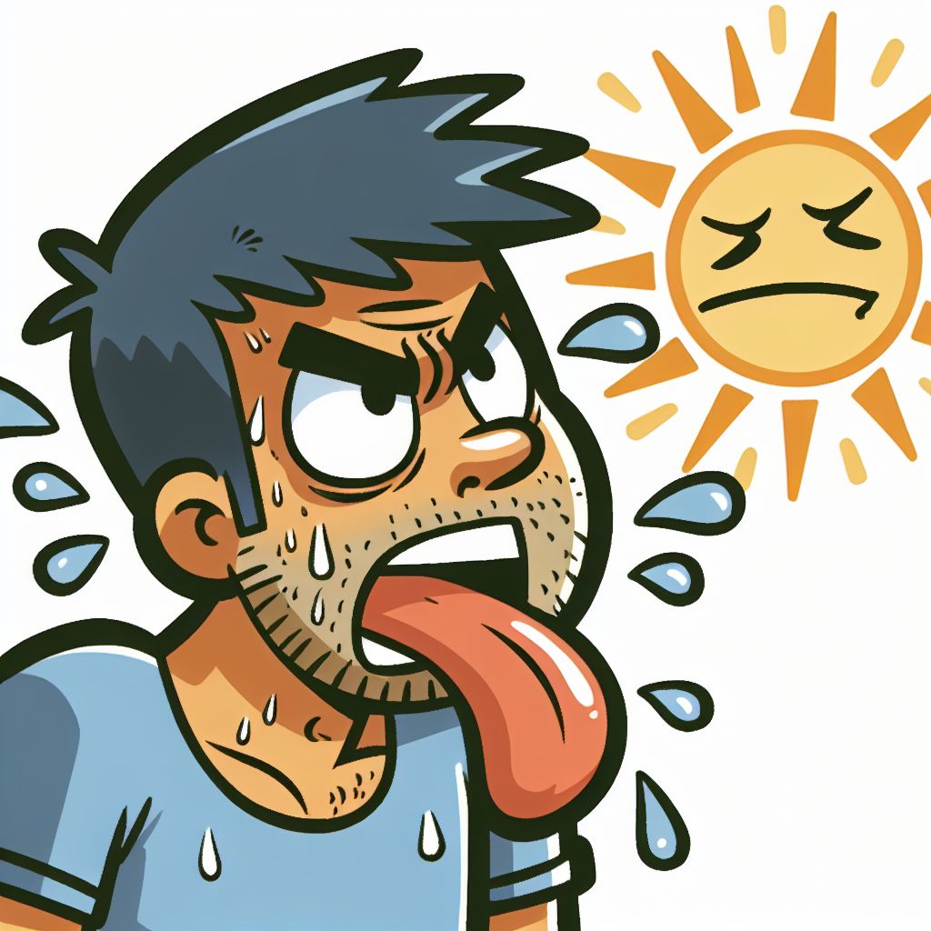 insolacin:  - Caricatura de un hombre con mucho calor, sacando la lengua, agotado y sudando, por el fuerte sol de verano.