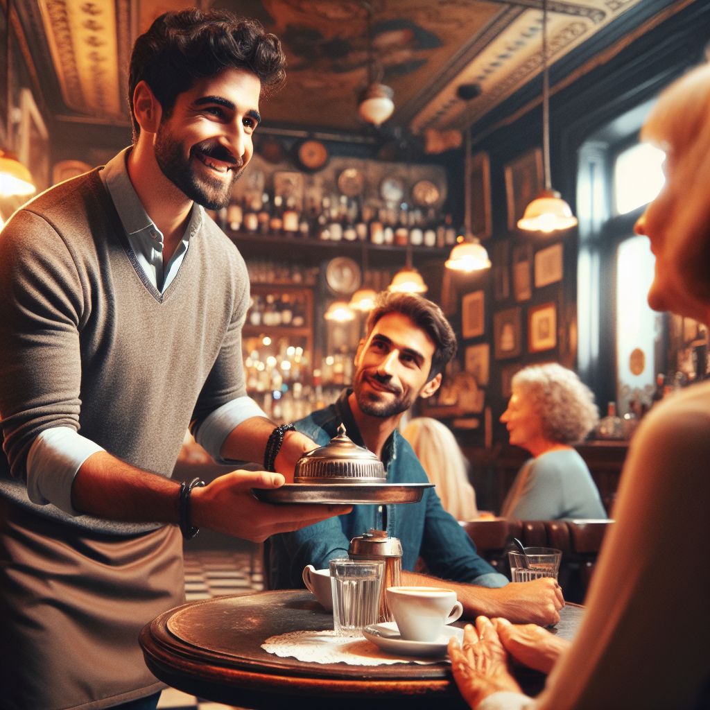 siendo:  - Un mozo sonriendo en un bar amablemente mientras sirve a una pareja sentada.