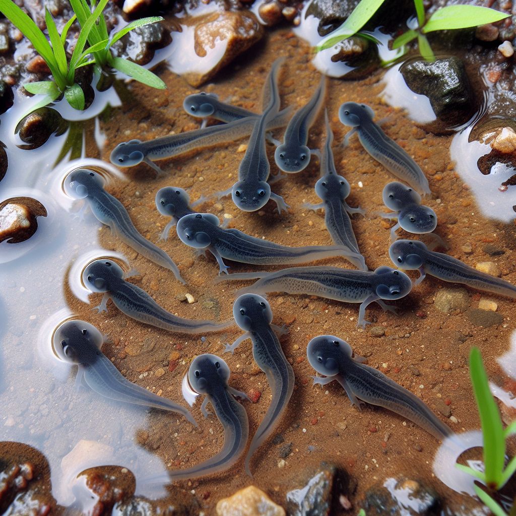 tepocate:  - Imagen de cinco renacuajos en un charco de agua.