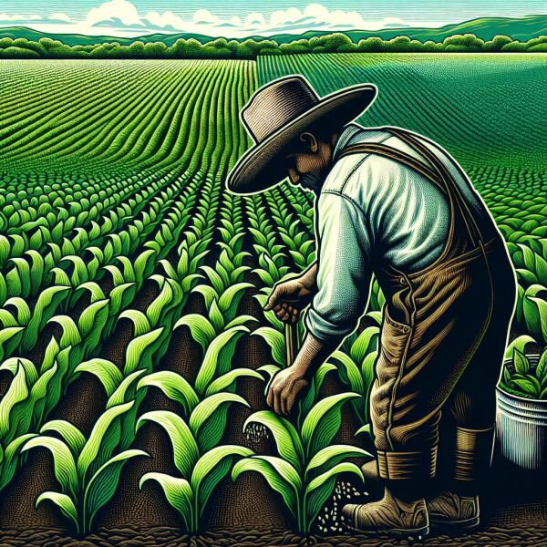 cultivacin: Ilustracin de una granja verde con campos de cultivos, un agricultor latino sembrando.