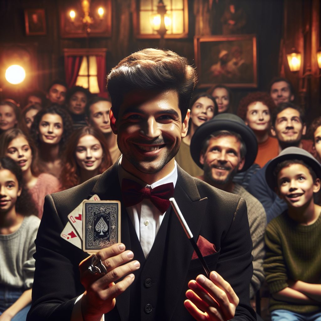 truhanera:  - Un hombre truhan sonriendo mientras realiza trucos de magia para engaar a la audiencia.