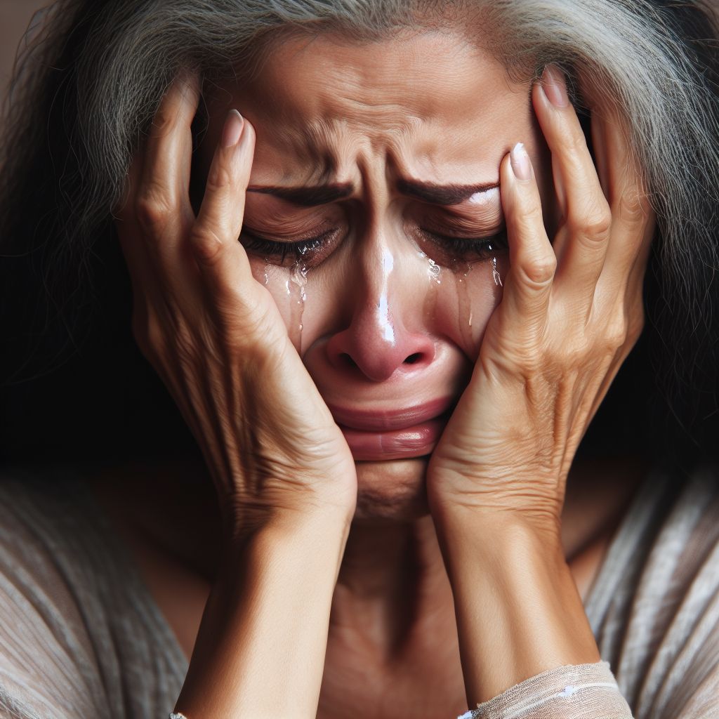 ultraje:  - Una mujer llorando con sus manos en el rostro.