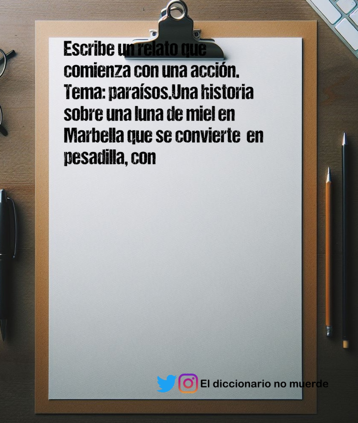 Escribe un relato que comienza con una acción. Tema: paraísos.Una historia sobre una luna de miel en Marbella que se convierte  en pesadilla, con dialogos,uno de los protagonista es químico  marino
.una mañana encontraron la orilla de la playa cubierta de peces agonizando.que sugiera muerte sin hablar de ello.que tenga influencias de Stephen king.