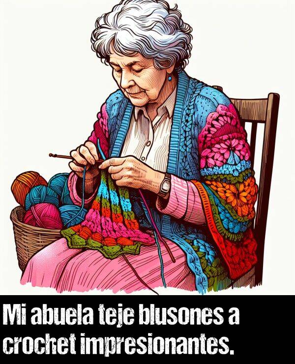 abuela: Mi abuela teje blusones a crochet impresionantes.