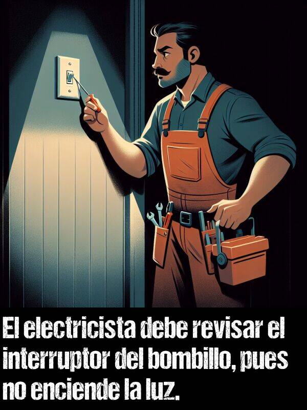 revisar: El electricista debe revisar el interruptor del bombillo, pues no enciende la luz.