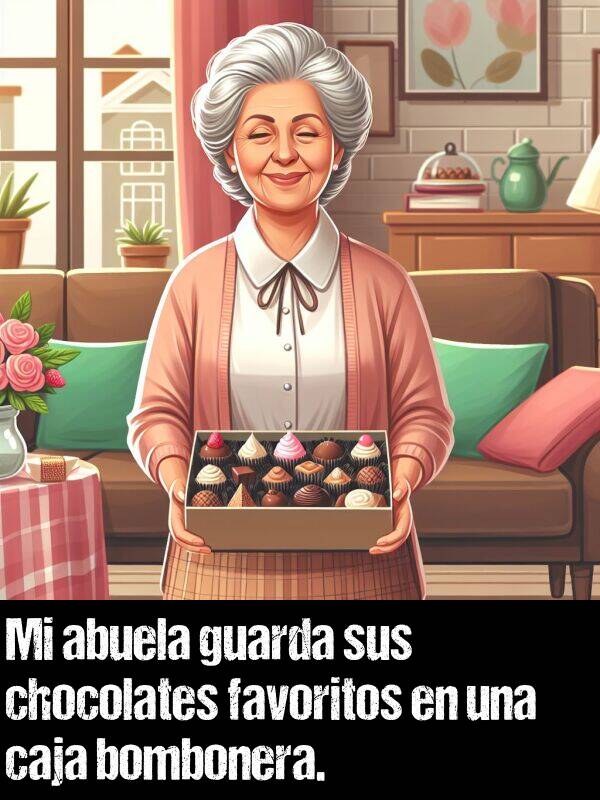 bombonera: Mi abuela guarda sus chocolates favoritos en una caja bombonera.