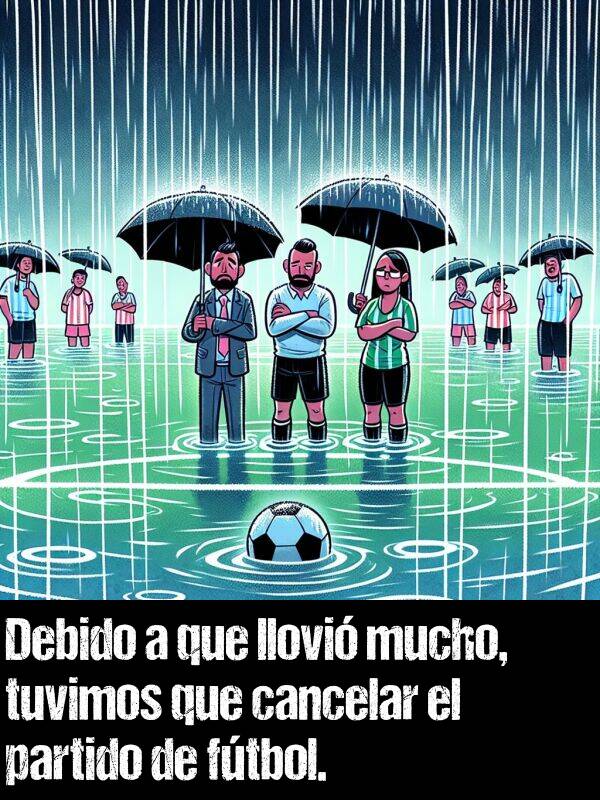 partido: Debido a que llovi mucho, tuvimos que cancelar el partido de ftbol.