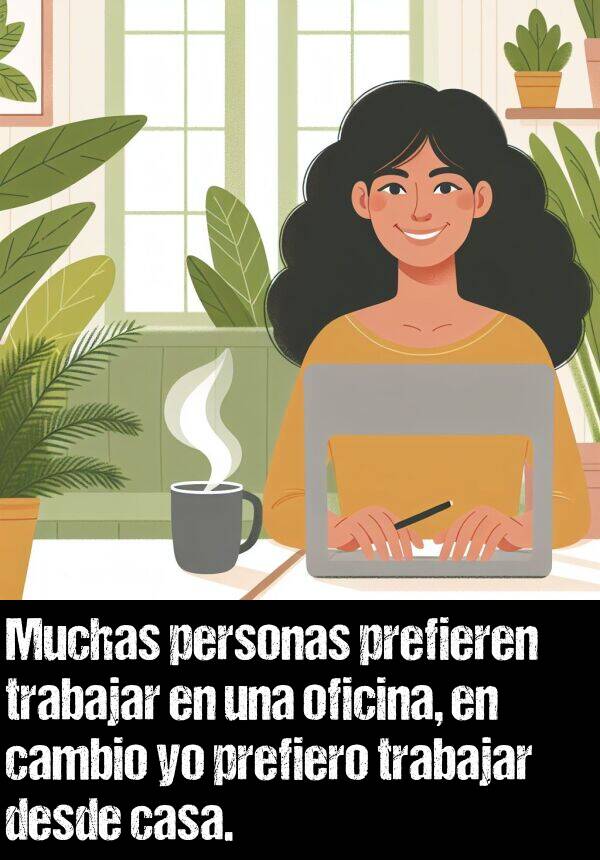 prefieren: Muchas personas prefieren trabajar en una oficina, en cambio yo prefiero trabajar desde casa.