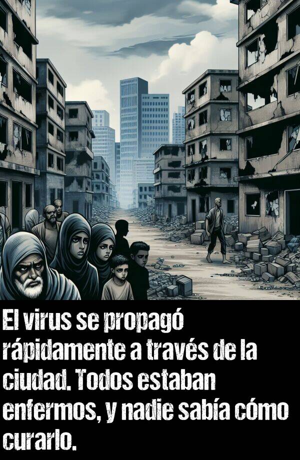 propagar: El virus se propag rpidamente a travs de la ciudad. Todos estaban enfermos, y nadie saba cmo curarlo.