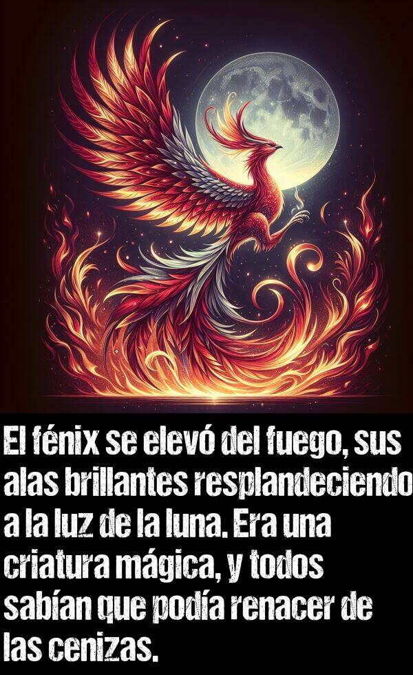 mgica: El fnix se elev del fuego, sus alas brillantes resplandeciendo a la luz de la luna. Era una criatura mgica, y todos saban que poda renacer de las cenizas.