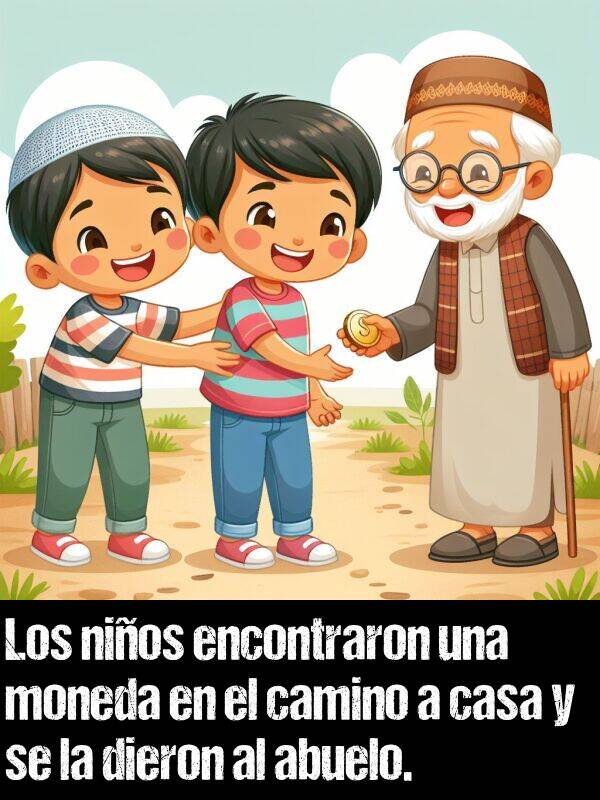 dieron: Los nios encontraron una moneda en el camino a casa y se la dieron al abuelo.