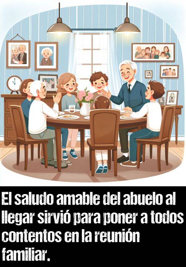 familiar: El saludo amable del abuelo al llegar sirvi para poner a todos contentos en la reunin familiar.