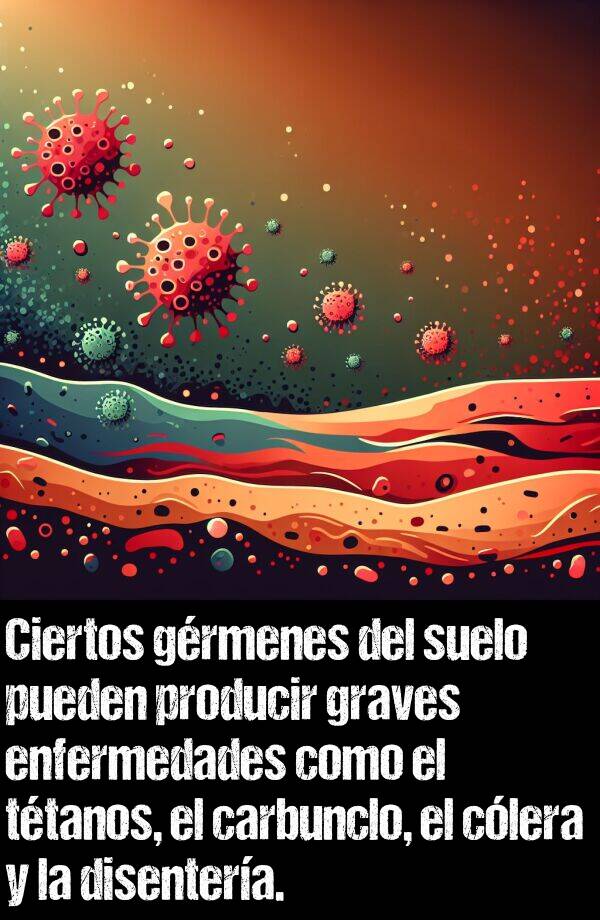 disentera: Ciertos grmenes del suelo pueden producir graves enfermedades como el ttanos, el carbunclo, el clera y la disentera.