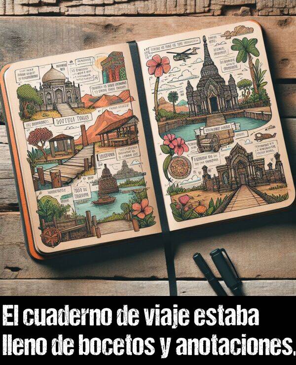 cuaderno: El cuaderno de viaje estaba lleno de bocetos y anotaciones.