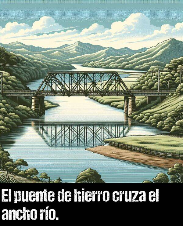 cruza: El puente de hierro cruza el ancho ro.