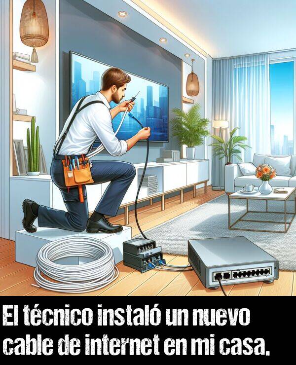 casa: El tcnico instal un nuevo cable de internet en mi casa.