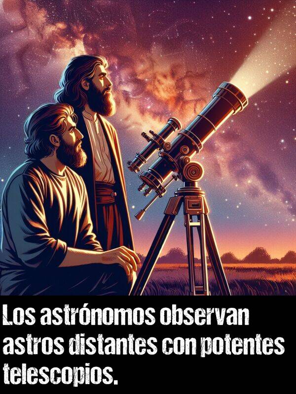 observan: Los astrnomos observan astros distantes con potentes telescopios.