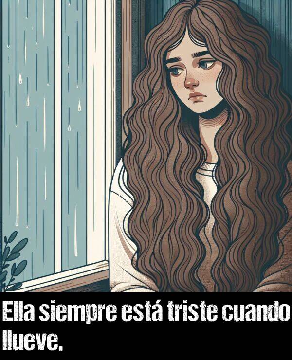 triste: Ella siempre est triste cuando llueve.