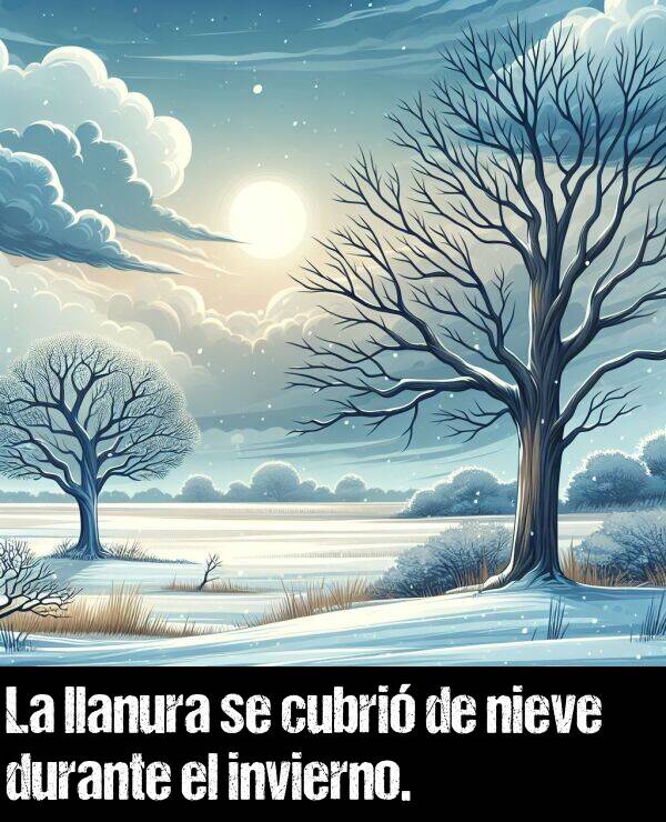 cubri: La llanura se cubri de nieve durante el invierno.