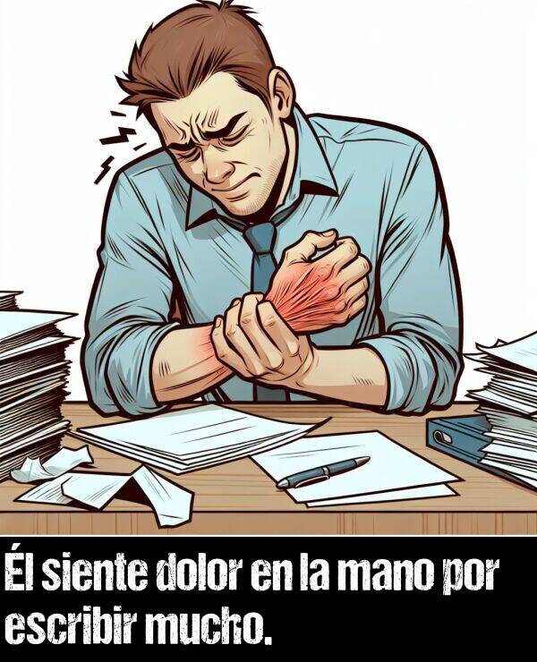 mano: l siente dolor en la mano por escribir mucho.