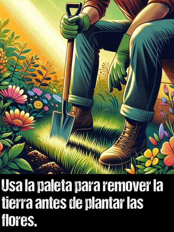 remover: Usa la paleta para remover la tierra antes de plantar las flores.