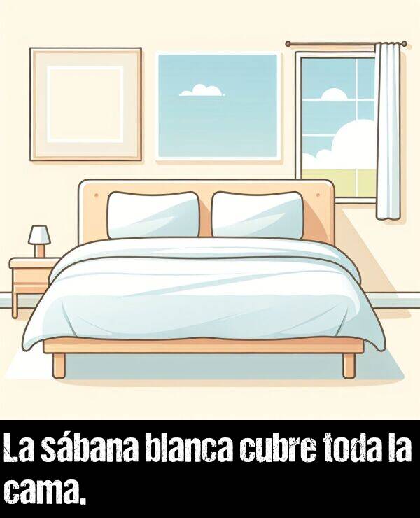 cama: La sbana blanca cubre toda la cama.