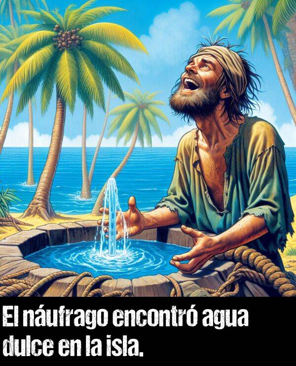 encontr: El nufrago encontr agua dulce en la isla.