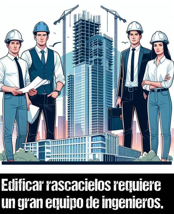 ingeniero: Edificar rascacielos requiere un gran equipo de ingenieros.