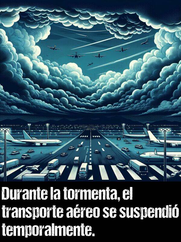 suspender: Durante la tormenta, el transporte areo se suspendi temporalmente.