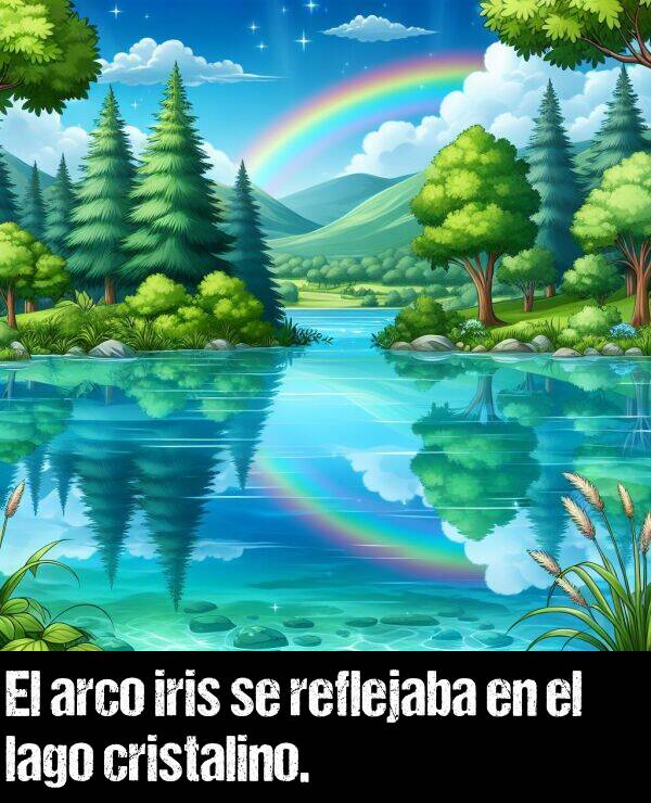 arco iris: El arco iris se reflejaba en el lago cristalino.