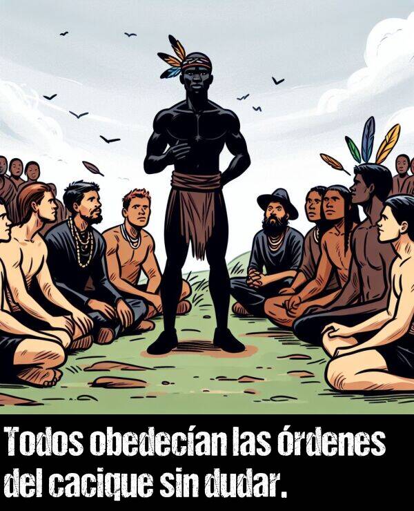 dudar: Todos obedecan las rdenes del cacique sin dudar.