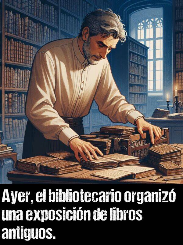 organiz: Ayer, el bibliotecario organiz una exposicin de libros antiguos.