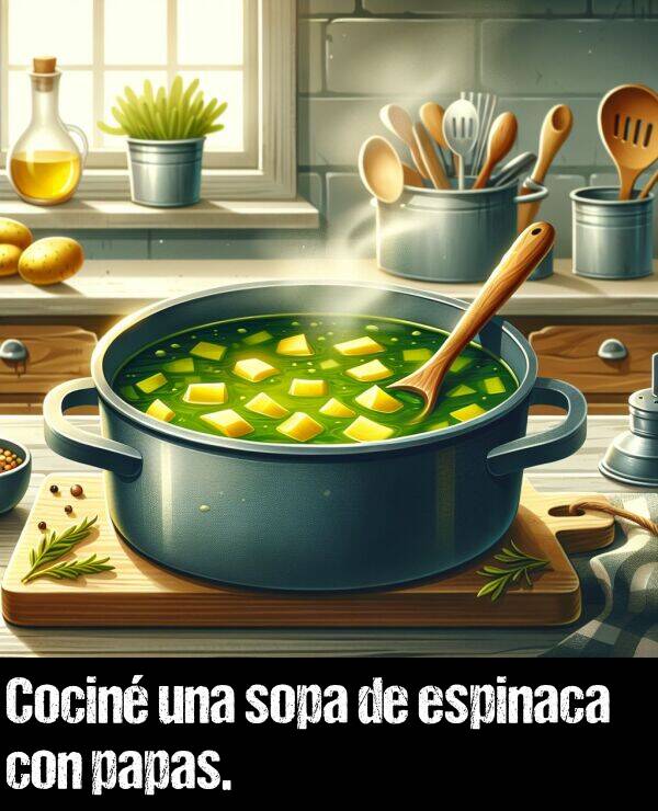 sopa: Cocin una sopa de espinaca con papas.