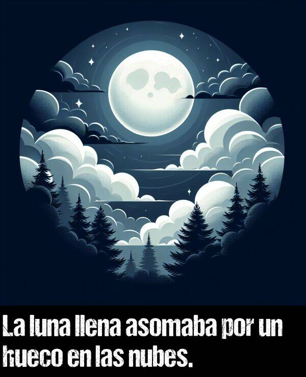 luna: La luna llena asomaba por un hueco en las nubes.