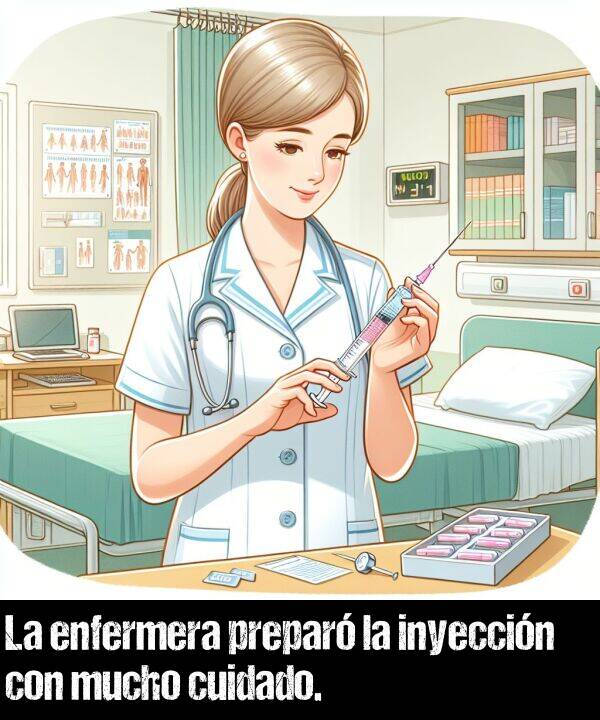 cuidado: La enfermera prepar la inyeccin con mucho cuidado.