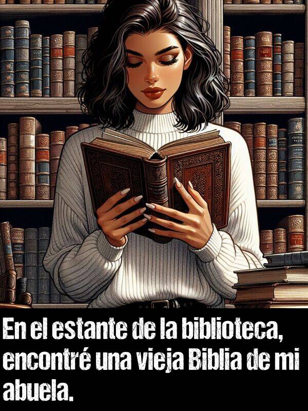 biblia: En el estante de la biblioteca, encontr una vieja Biblia de mi abuela.