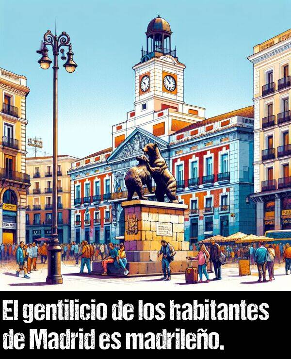 gentilicio: El gentilicio de los habitantes de Madrid es madrileo.