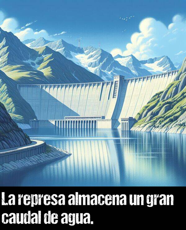 almaceno: La represa almacena un gran caudal de agua.