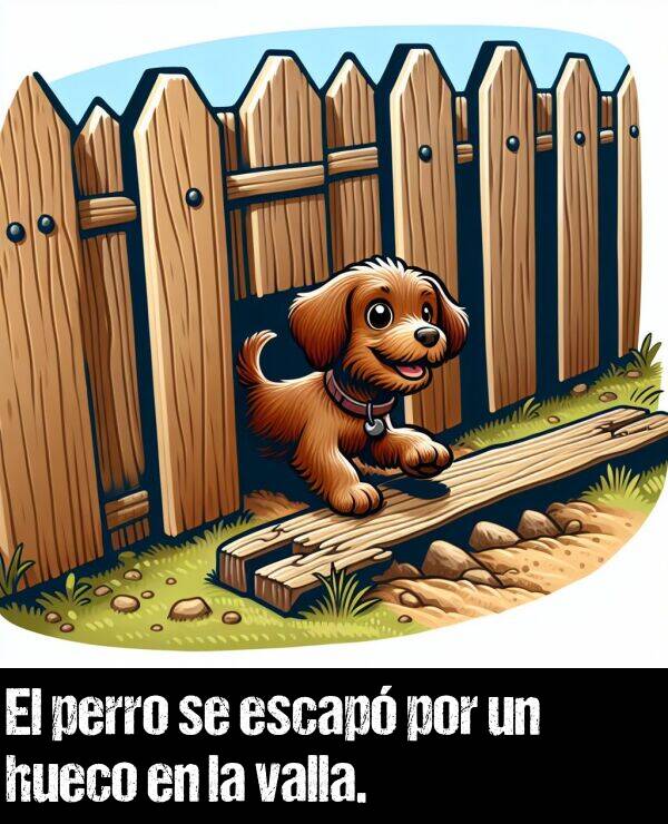 perro: El perro se escap por un hueco en la valla.