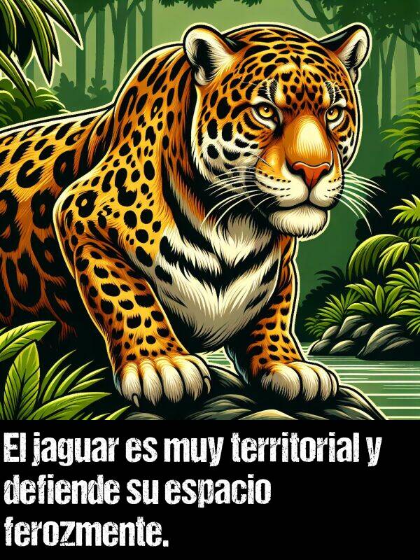 ferozmente: El jaguar es muy territorial y defiende su espacio ferozmente.