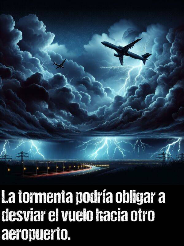 obligar: La tormenta podra obligar a desviar el vuelo hacia otro aeropuerto.