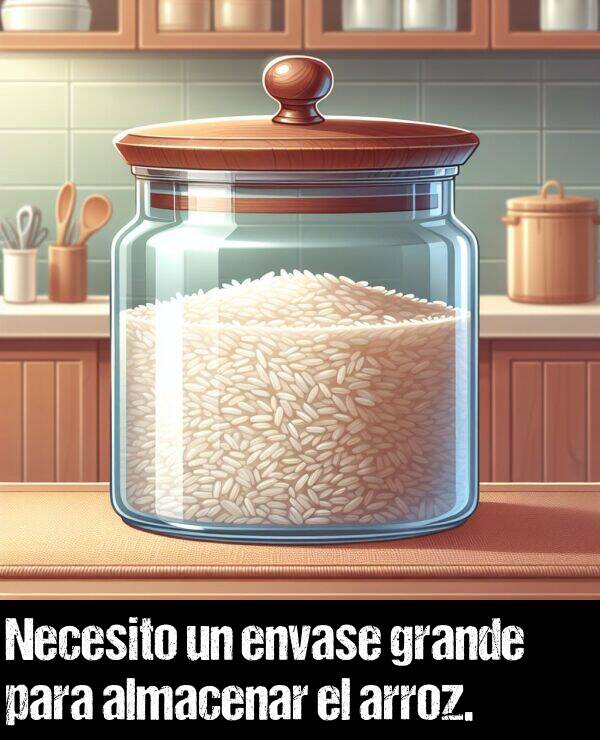 envase: Necesito un envase grande para almacenar el arroz.