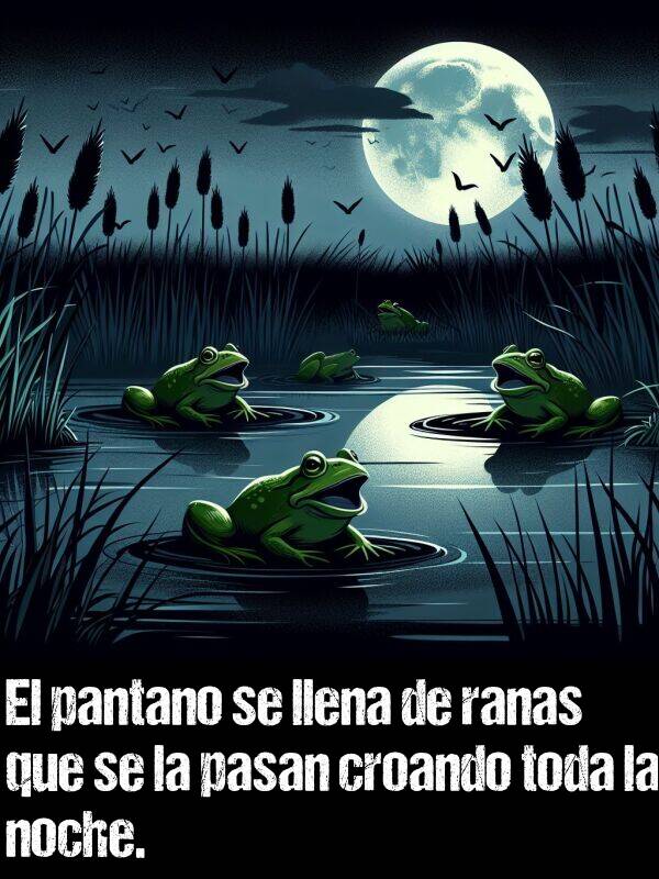 ranas: El pantano se llena de ranas que se la pasan croando toda la noche.