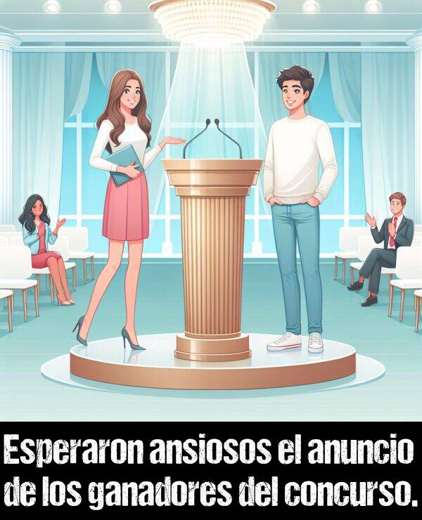 anuncio: Esperaron ansiosos el anuncio de los ganadores del concurso.