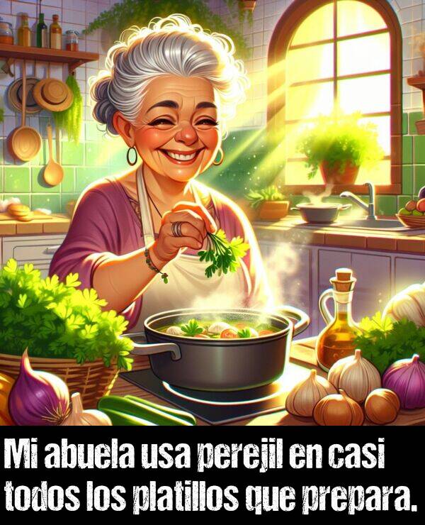 casi: Mi abuela usa perejil en casi todos los platillos que prepara.