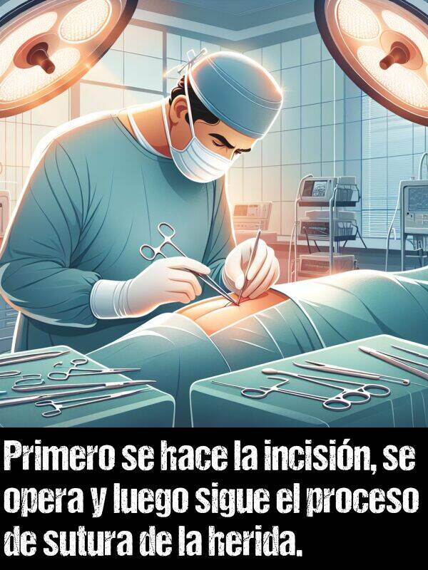 sigue: Primero se hace la incisin, se opera y luego sigue el proceso de sutura de la herida.