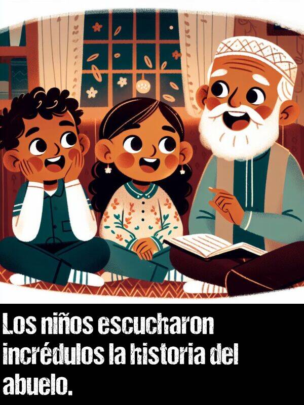 incrdulos: Los nios escucharon incrdulos la historia del abuelo.