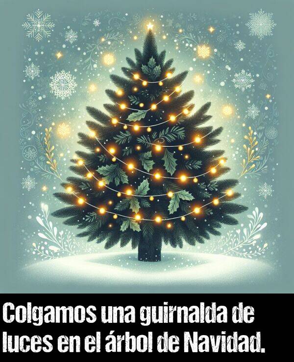 navidad: Colgamos una guirnalda de luces en el rbol de Navidad.