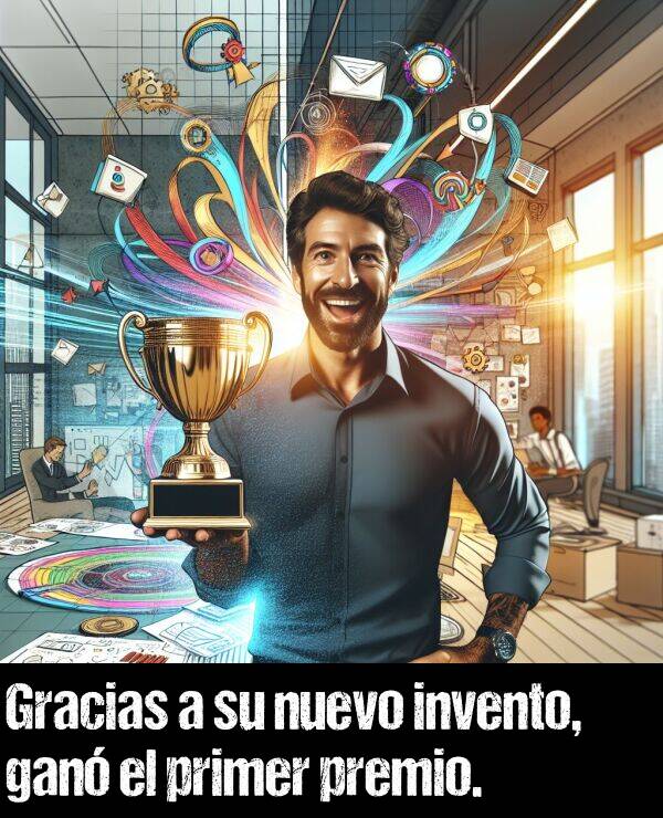 invento: Gracias a su nuevo invento, gan el primer premio.